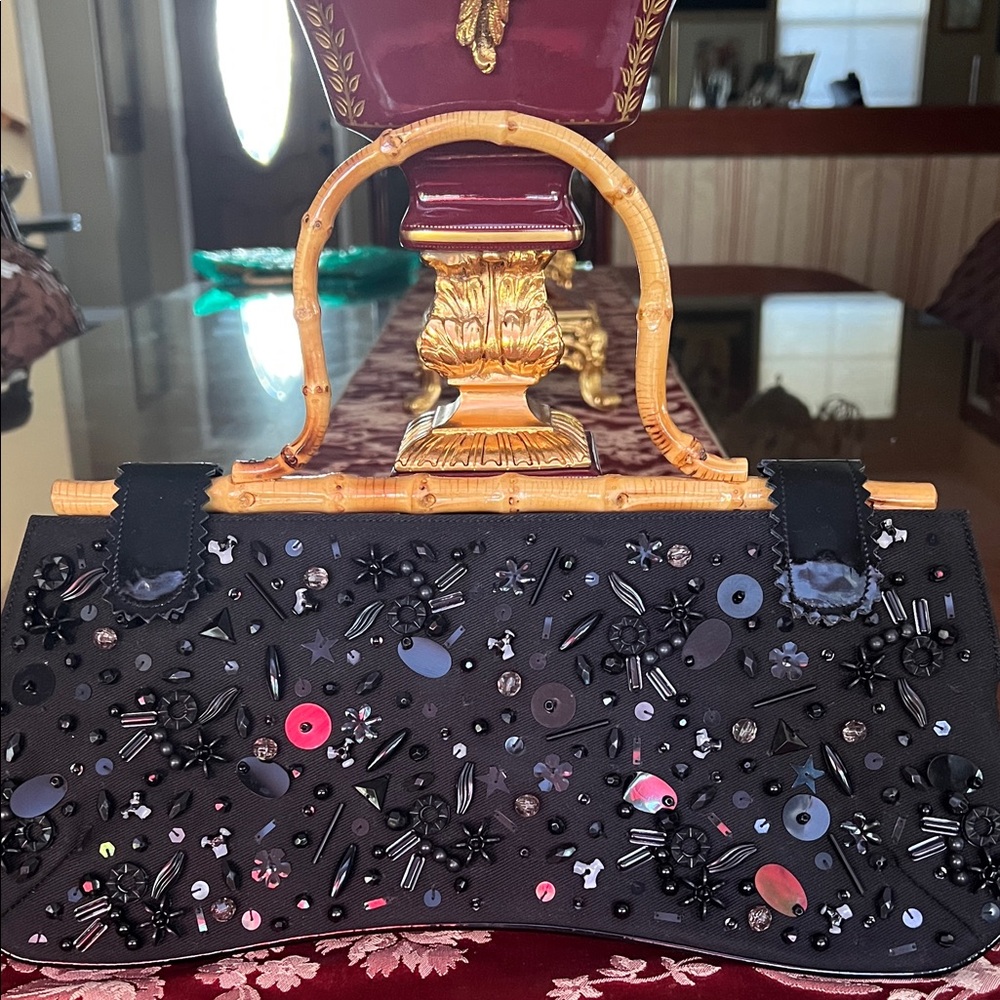 Vintage BCBG Black Embellished Clutch Bag Unique Style With Bamboo Design Handle